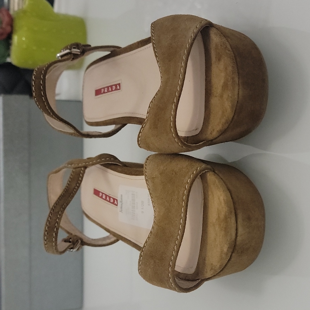 Prada Brown Suede Wedge Sandals - Picture 2 of 12